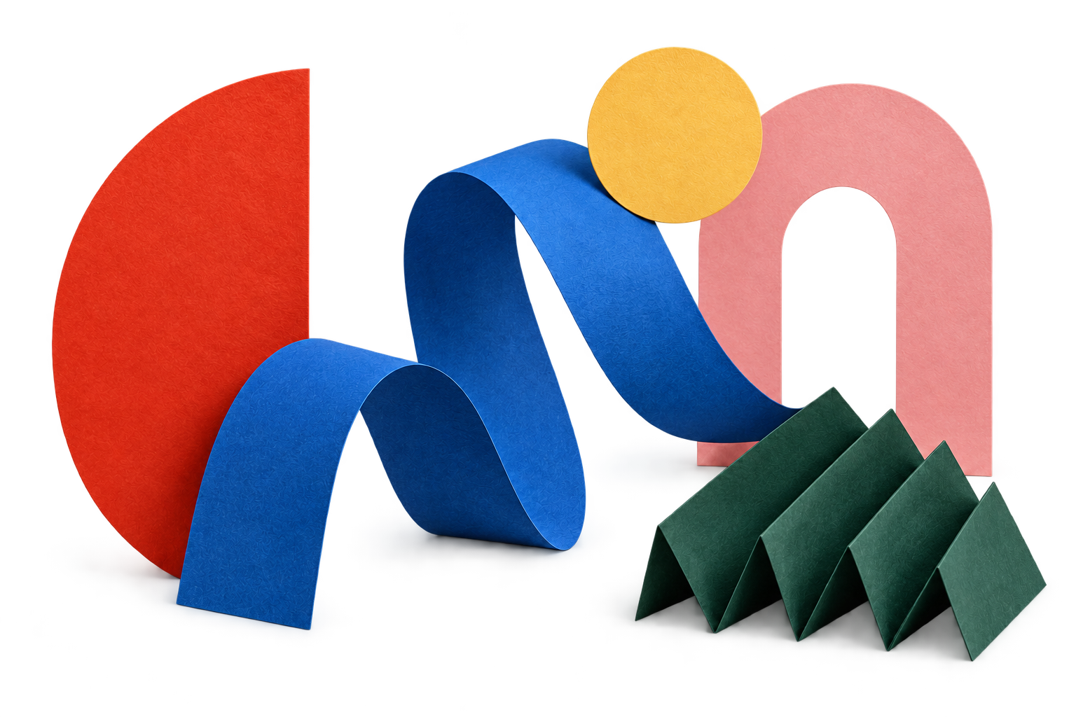 A flowing cobalt ribbon, a red half-circle, a pink arch and folded green paper, with room between them.